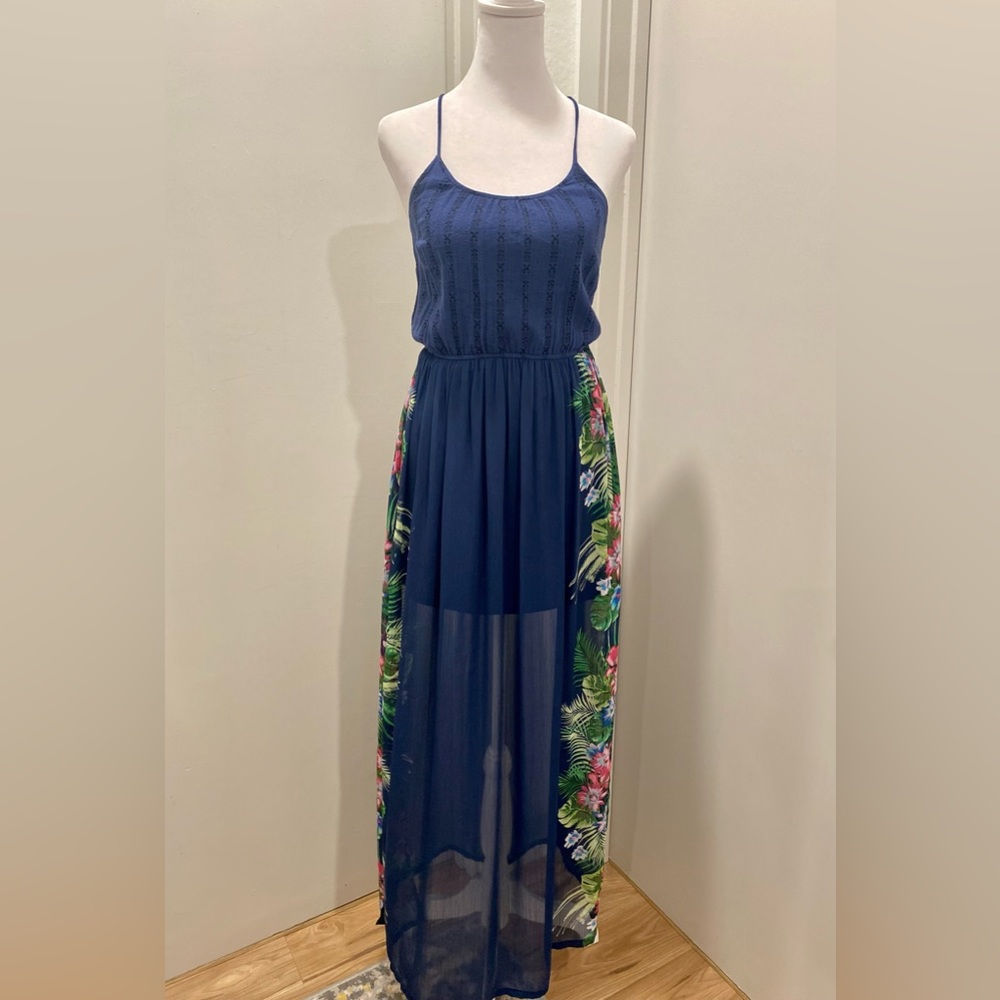 Candie's Navy Blue Sleeveless Maxi Dress With Tropical Floral Palm Leaf Details